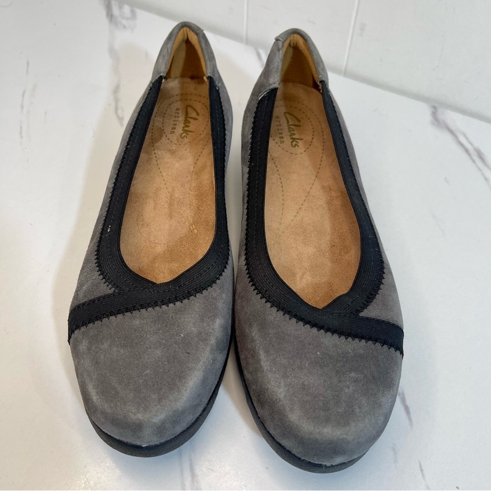 Clarks Artisan Daelyn Hill Suede Leather Low Wedge SlipOn Comfort Shoe Grey Sz 6